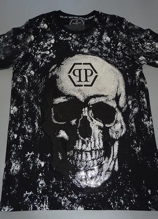 Футболка мужская чёрная с черепом в стиле philipp plein филипп плейн s