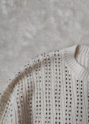 Белый блестящий свитер укороченный кроп кофта оверсайз паетками блестками длинным рукавом стрейч8 фото
