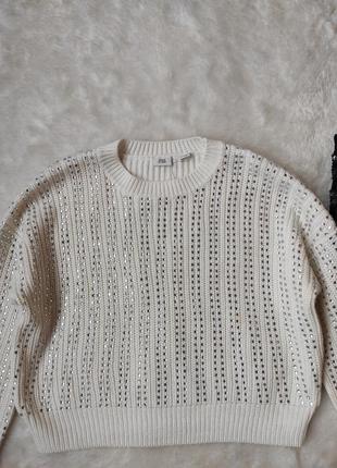 Белый блестящий свитер укороченный кроп кофта оверсайз паетками блестками длинным рукавом стрейч7 фото