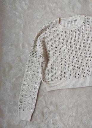 Белый блестящий свитер укороченный кроп кофта оверсайз паетками блестками длинным рукавом стрейч5 фото
