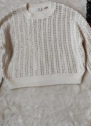 Белый блестящий свитер укороченный кроп кофта оверсайз паетками блестками длинным рукавом стрейч4 фото