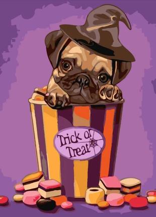 Набір для розпису за номерами хеловінський мопс strateg з лаком, 30х40 см, ss-6426