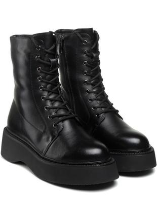 Ботинки farinni черные зимние кожаные высокие на шнуровке и платформе на меху 1554ц2 фото