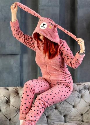 Пижама с карманом на попе розовая пожама / женский комбинезон / кигуруми