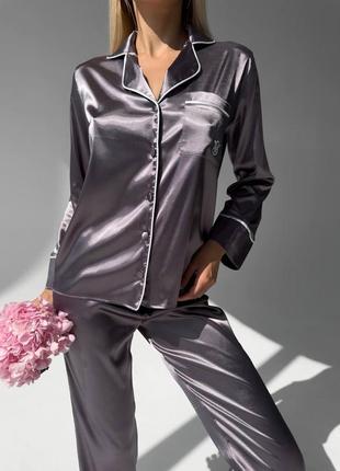 Женская шелковая пижама victoria's secret в черном, сером и розовом (пудром цвете)3 фото
