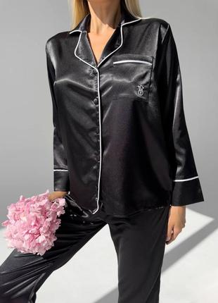 Женская шелковая пижама victoria's secret в черном, сером и розовом (пудром цвете)5 фото