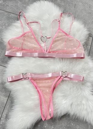Сексуальный полупрозрачный розовый комплект женского белья в сердечки3 фото