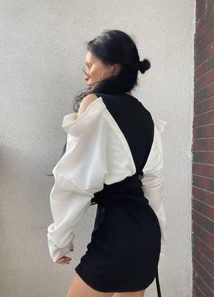Короткое женское черное платье с вшитой рубашкой, трикотажное платье7 фото