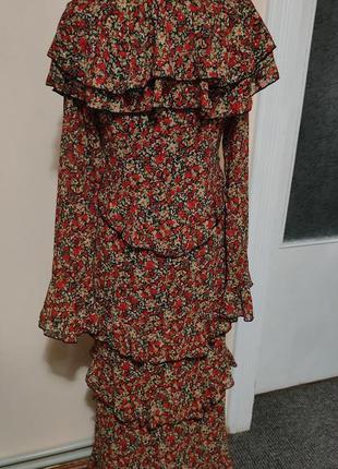 Платье женское стильное рукав клеш цветочный принт невероятные рюши6 фото