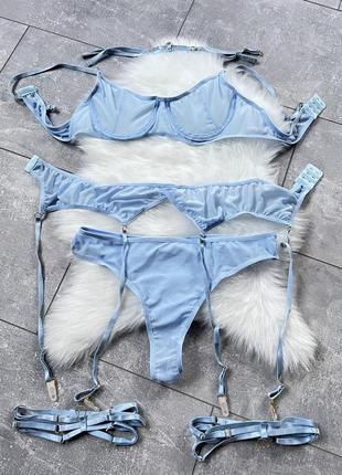 5в1 комплект трусики бюстик пояс гартеры чокер голубой женское белье набор