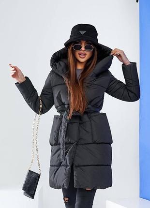Тепла зимова куртка пальто пдащівка на силіконі з накладними кишенями капюшоном з поясом вільного крою по фігурі стьобана5 фото