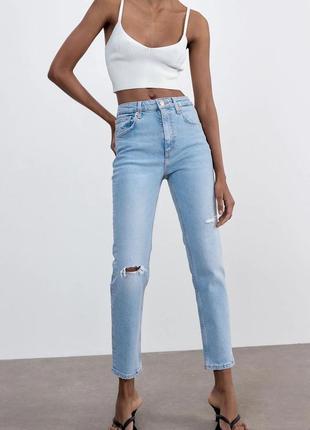 Идеальные джинсы коттон голубые с разрезами zara 38 hi-rise slim 9123 035