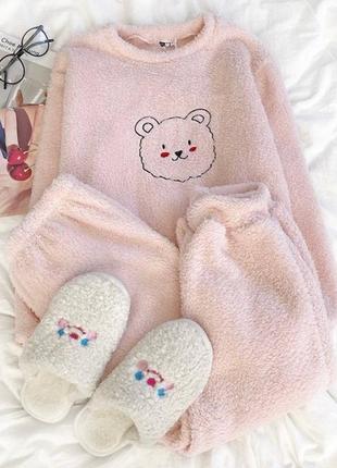 Найніжніша махрова піжама з ведмедиком кольори: молочний, бежевий, пудра