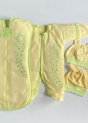 Утепленный комплект одежды в роддом для новорожденных. шапочки, человечек, пеленка кокон на молнии. желтый 561 фото
