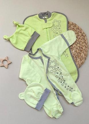 Утепленный комплект одежды в роддом для новорожденных. шапочки, человечек, пеленка кокон на молнии. салат 56