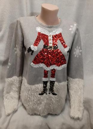Зимовий святковий пухнастий светр, джемпер, кофта снігуронька fashion union розмір uk104 фото