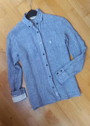 Льняна сорочка us polo з довгим рукавом блакитна сорочка кофта блуза2 фото