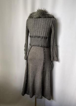 Гранж длинный кардиган пальто вязаное серое с меховым воротником бохо этно effect collection3 фото