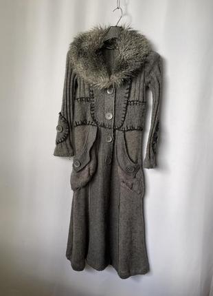 Гранж длинный кардиган пальто вязаное серое с меховым воротником бохо этно effect collection6 фото