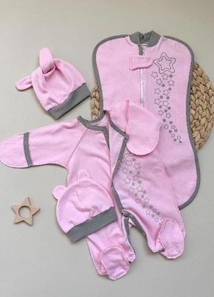 Утепленный комплект одежды в роддом для новорожденных девочек. шапочки, человечек, пеленка кокон на молнии