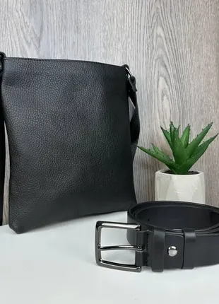 Чоловічий подарунковий набір шкіряна сумка-планшетка + поясний ремінь шкіряний, комплект — чоловіча