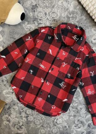 1+1=3 🔥 клетчатая рубашка на мальчика matalan 18-24 1,5-2 86-92 красную черную клеточку rock music