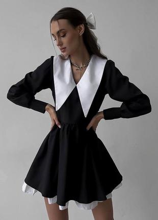 Сукня з воротником чорна wensday уэнздей черное платье с большим белым воротником3 фото