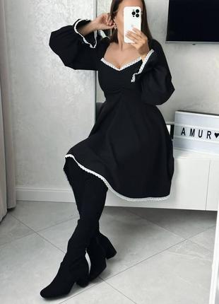 Стильное трендовое платье с широкой юбкой и объемными рукавами4 фото