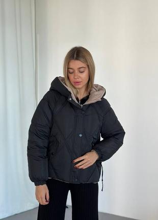 Женская комфортная черная тёплая трендовая стильная двухсторонняя зимняя куртка 20232 фото