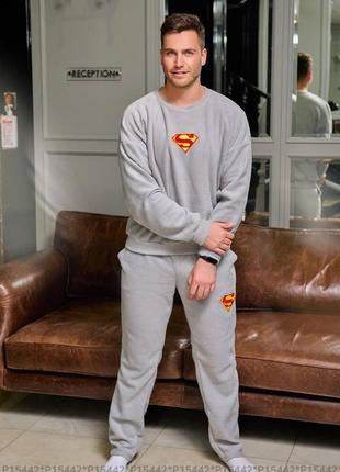 Теплая пижама на флисе с начесом супермен, утепленная мужская пижама на осень зиму, пижама на подарок