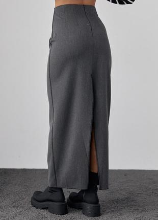 Длинная юбка-карандаш классическая макси с высоким разрезом сзади темно-серая графитовая6 фото