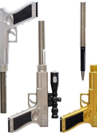 Ручка 3в1 гелевая пистолет золотой с фонариком синяя паста 0.38мм  арт.de-500
