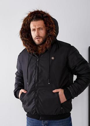 Теплая мужская укороченная куртка с эко мехом енота с капюшоном зимняя короткая куртка на меху шуба8 фото