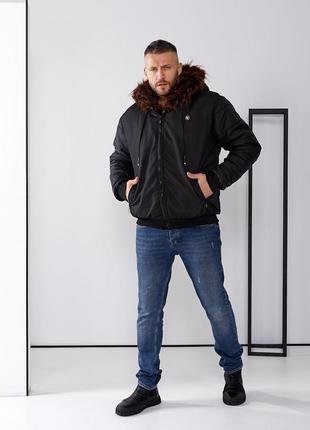 Теплая мужская укороченная куртка с эко мехом енота с капюшоном зимняя короткая куртка на меху шуба2 фото