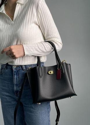 Женская  сумка гладкая премиум черная кожа ремешок на плече coach willow и ручки для ношение на руке