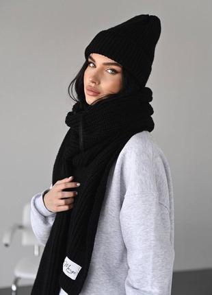 Теплый трендовый комплект шапка + большой длинный шарф черный2 фото