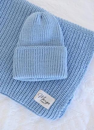 Теплый трендовый комплект шапка + большой длинный шарф голубой8 фото