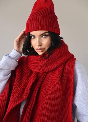 Теплый трендовый комплект шапка + большой длинный шарф красный2 фото