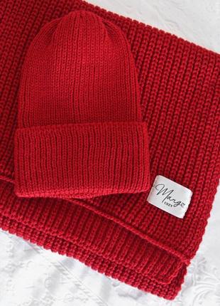 Теплый трендовый комплект шапка + большой длинный шарф красный3 фото