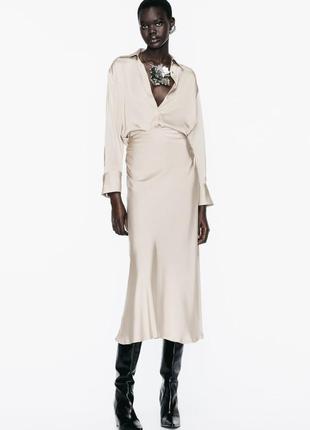 Атласний костюм від zara, костюм зі спідницею міді