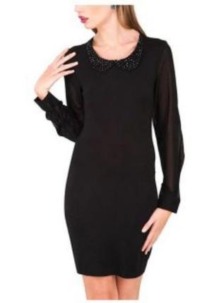 #розвантажуюсь черное короткое платье по фигуре с шифоновыми рукавами воротник из биссера