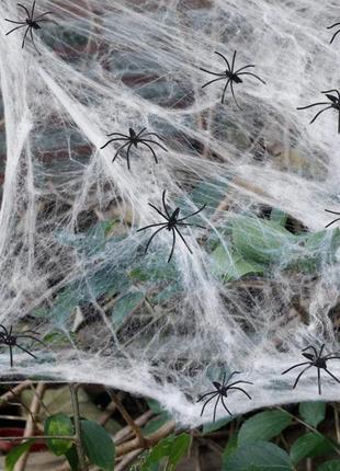 Паутина с пауками на хэллоуин 13642 белая 200 г 30 пауков
