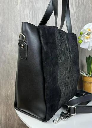 Женская  сумка из натуральной замши под крокодила черная, натуральная замшевая  сумочка3 фото