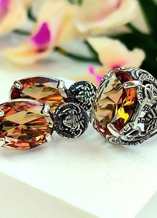 Ювелирный серебряный гарнитур кольцо серьги камни султанит