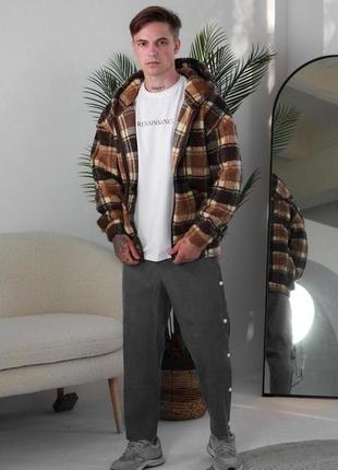 Мужская теплая байковая рубашка худи с капюшоном на молнии в коричневую клетку осень-зима