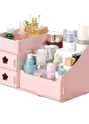 Настільний органайзер для косметики, парфумерії та прикрас з висувними скриньками мдф рожевий com003-p