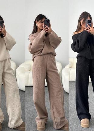 Костюм плюшевий  тедді zara в‘язка штани палаццо кльош кюлоти  довга подовжена кофта светр довгий рукав прямі широкі труби гольф