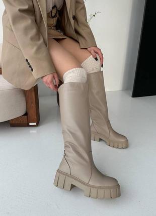 Сапоги трубы натуральная кожа женские беж зима