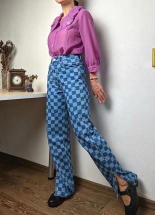 Джинсы синие s 36 хлопок в клетку голубые с разрезами прямые