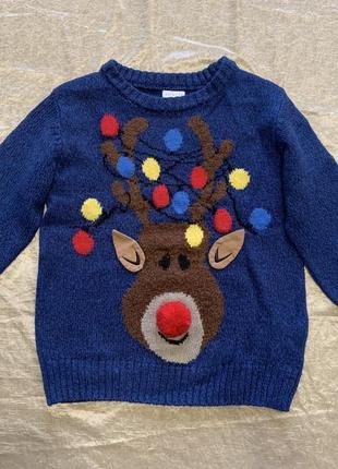 Яркий новогодний светящийся свитер с оленем f&f на 5-6 лет